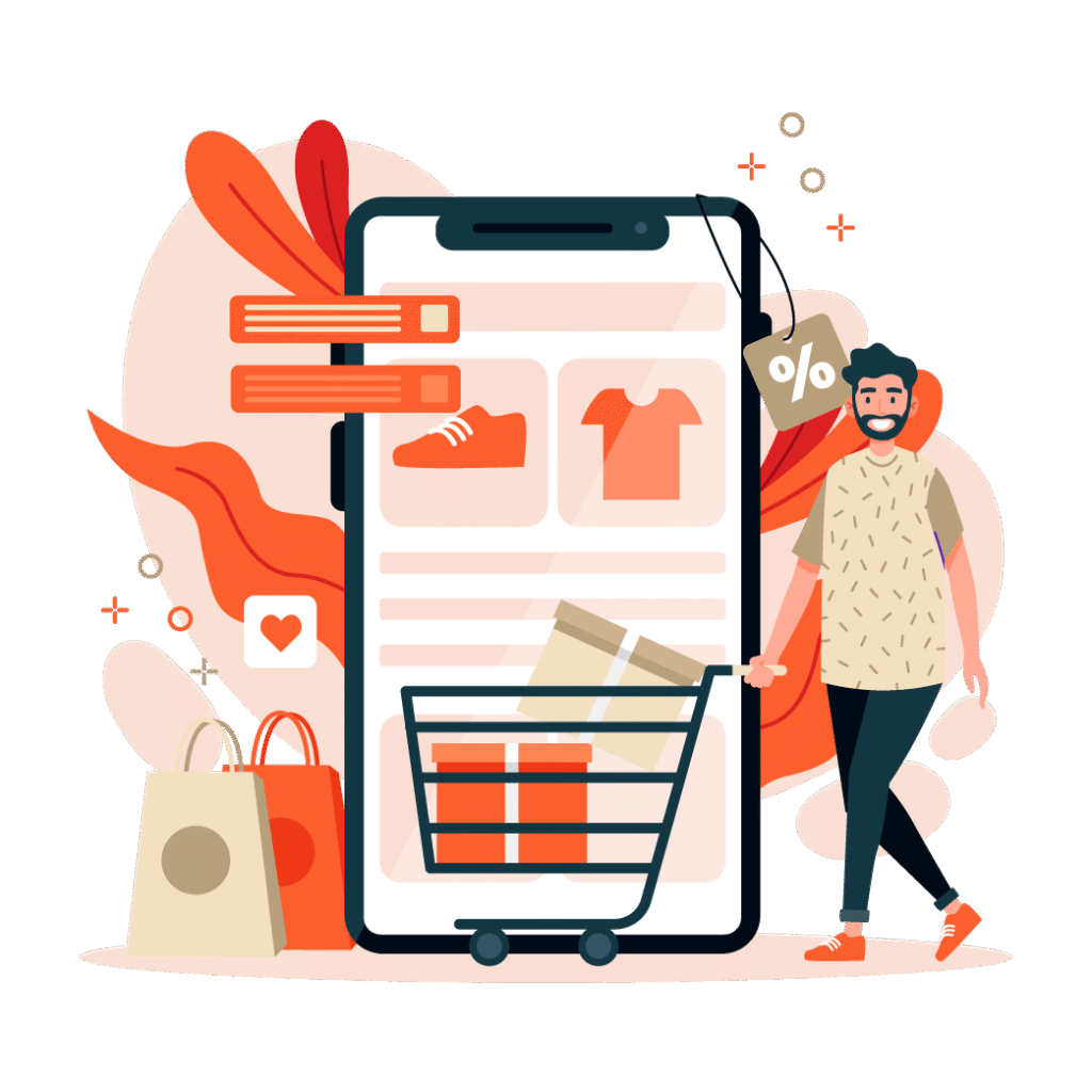 Ilustración de compras por internet con un carrito, paquetes y un teléfono